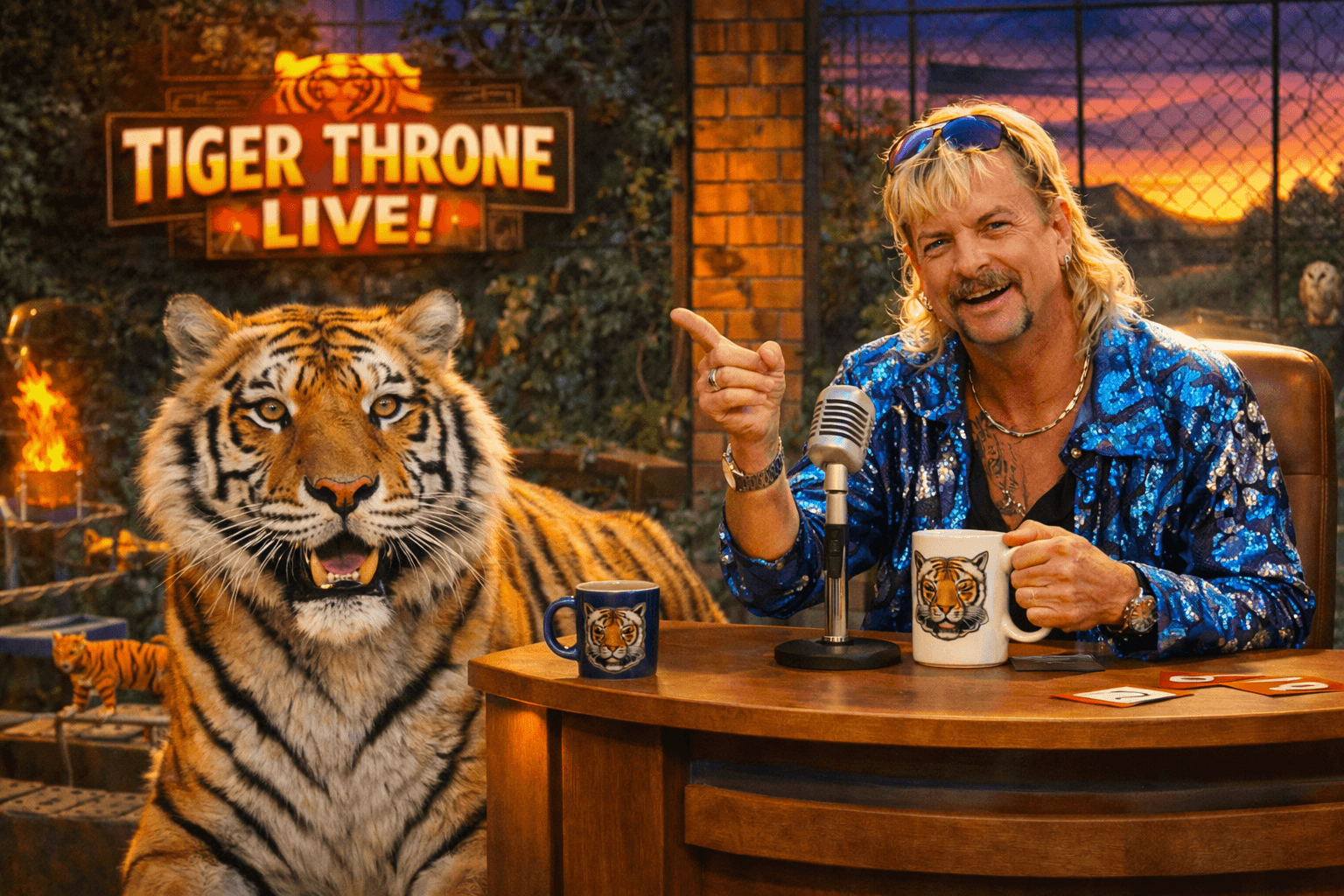 A performer at a desk with a microphone beside a tiger under a Tiger Throne Live sign.
