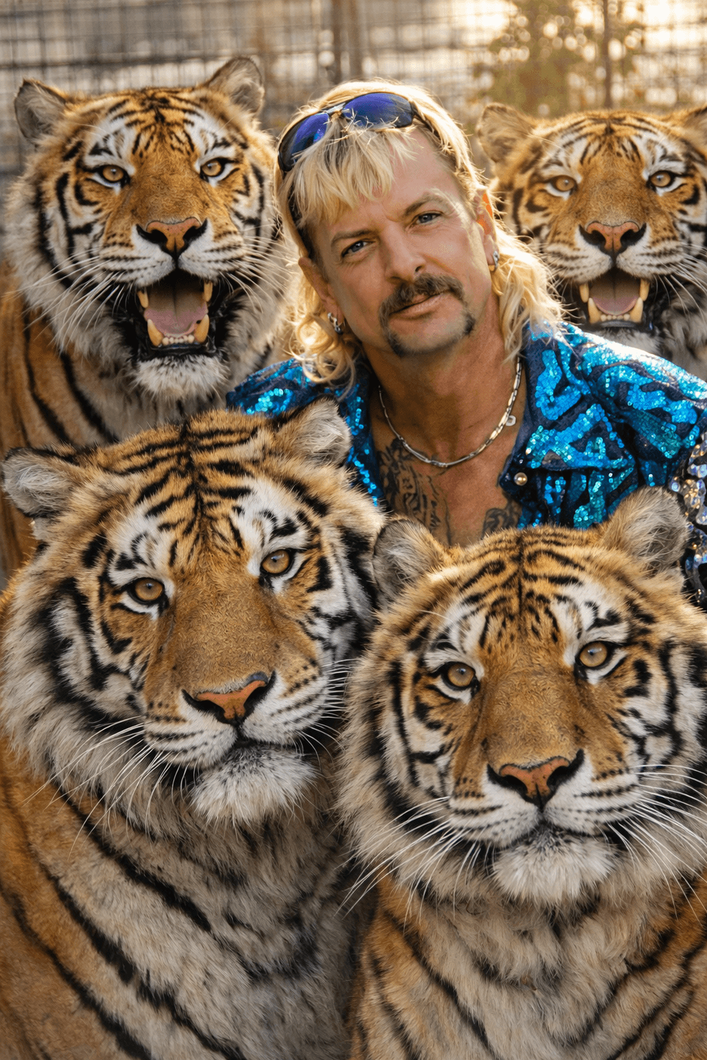 A performer surrounded by several tigers.