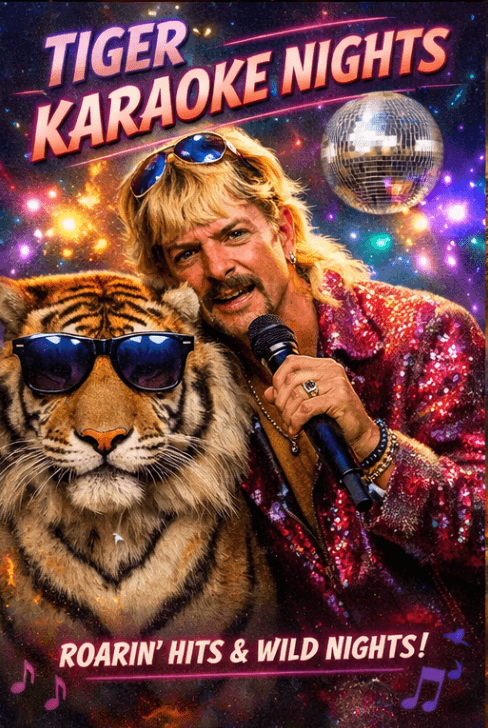Tiger Karaoke Nights poster with a singer holding a microphone beside a tiger in sunglasses.